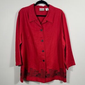 Coldwater Creek Linen Embroidered Cityscape Blouse Button 3/4 Sleeve Women 1X